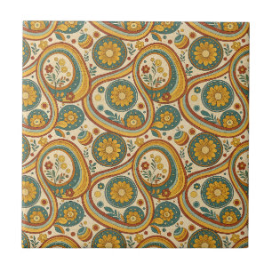 Vintage Retro Swirls & Flowers Boho Floral Pattern Tile