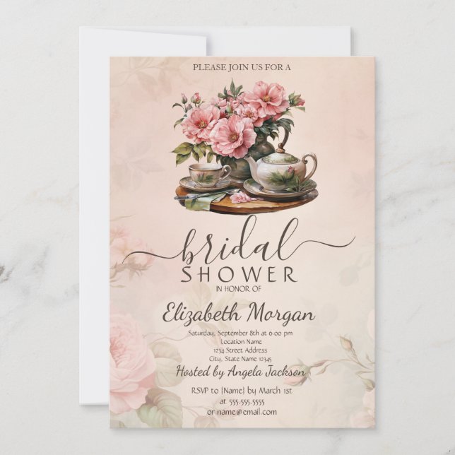 Vintage Retro Tea Set Flowers Bridal Shower Invitation (Front)