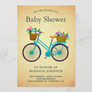 Vintage Retro Teal Floral Bicycle Baby Shower Invitation