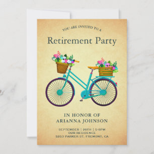 Vintage Retro Teal Floral Bicycle Retirement Party Invitation