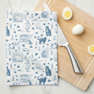 Vintage Retro Toile Pattern Cat Catnip White Blue Tea Towel