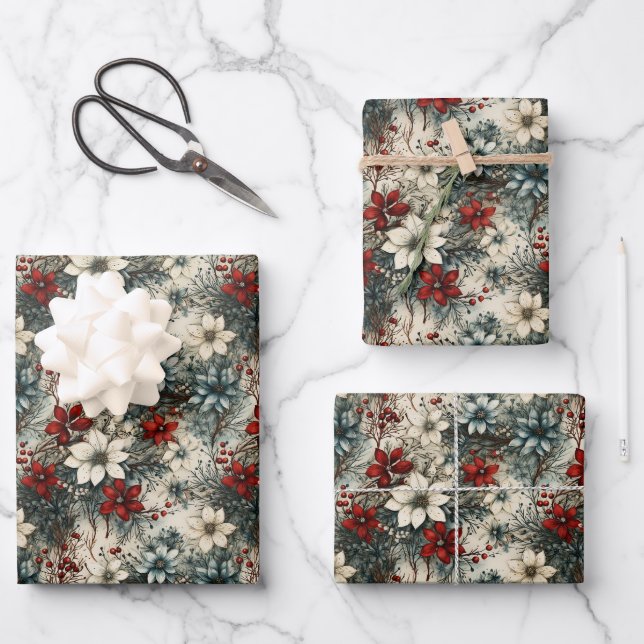 Vintage retro traditional Christmas poinsettia Wrapping Paper Sheet (Front)