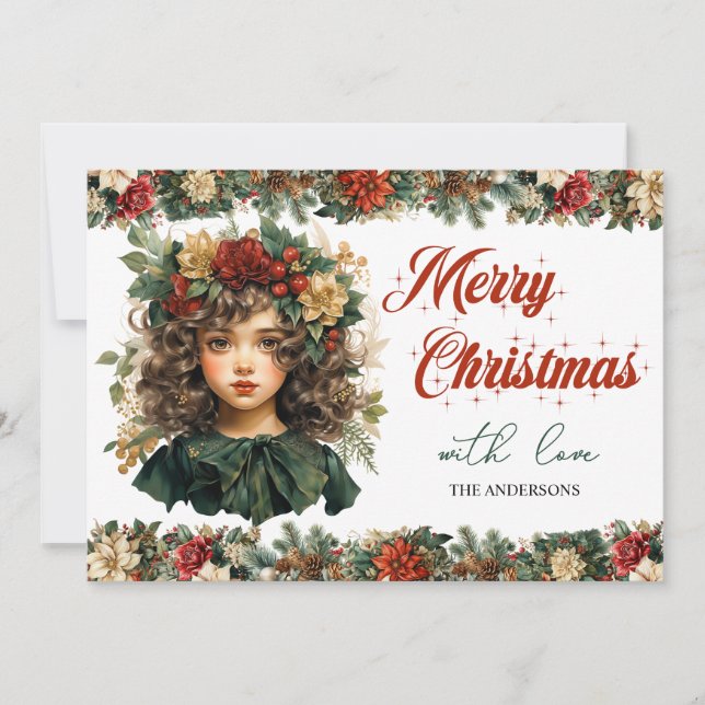 Vintage retro traditional classic Christmas girl Holiday Card (Front)