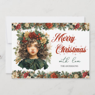 Vintage retro traditional classic Christmas girl Holiday Card