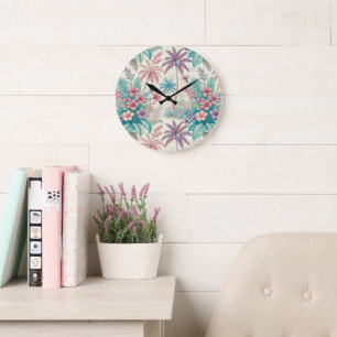 Vintage Retro Tropical Palm Tree & Floral Garden Large Clock