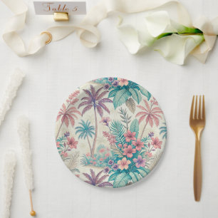 Vintage Retro Tropical Palm Tree & Floral Garden Paper Plate