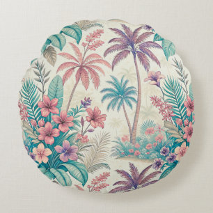 Vintage Retro Tropical Palm Tree & Floral Garden Round Cushion