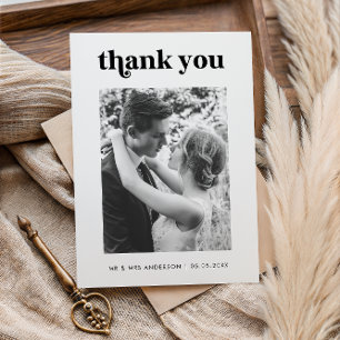 Vintage Retro Typography Black White Photo Wedding Thank You Card