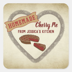 Vintage retro typography homemade cherry pie heart square sticker