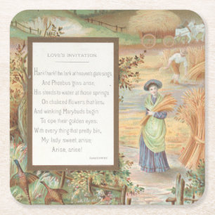 Vintage Retro Valentine, Country Farm Landscape Square Paper Coaster
