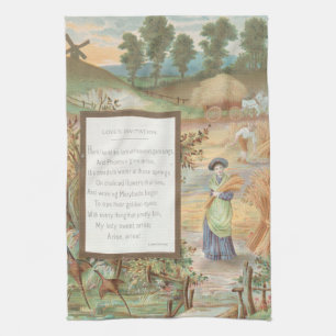 Vintage Retro Valentine, Country Farm Landscape Tea Towel