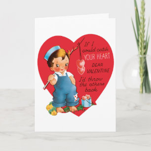 Vintage Retro Valentine's Day, Boy Fishing Hearts Holiday Card