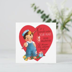 Vintage Retro Valentine's Day, Boy Fishing Hearts Holiday Card