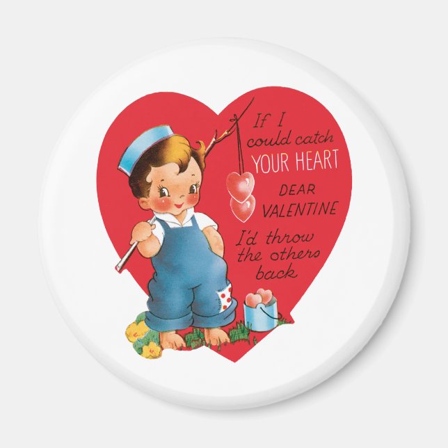 Vintage Retro Valentine's Day, Boy Fishing Hearts Magnet (Front)
