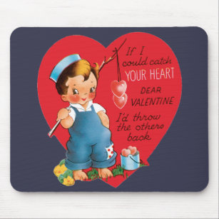 Vintage Retro Valentine's Day, Boy Fishing Hearts Mouse Mat