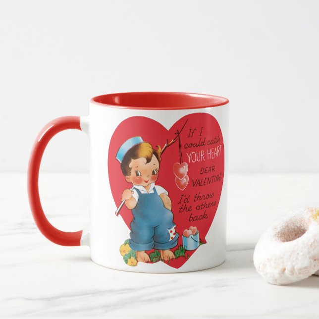 Vintage Retro Valentine's Day, Boy Fishing Hearts Mug (With Donut)