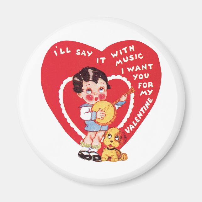 Vintage Retro Valentine's Day, Boy Music Banjo Magnet (Front)