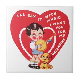 Vintage Retro Valentine's Day, Boy Music Banjo Tile