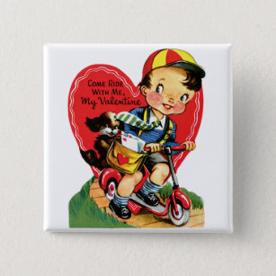 Vintage Retro Valentine's Day, Boy on a Scooter 15 Cm Square Badge