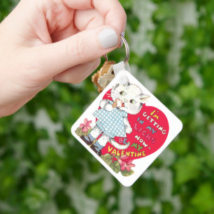 Vintage Retro Valentine's Day Cat Eating Ice Cream Key Ring