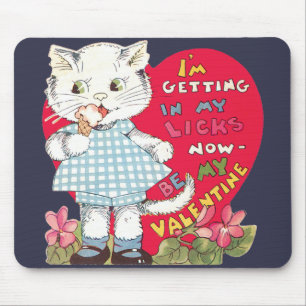 Vintage Retro Valentine's Day Cat Eating Ice Cream Mouse Mat