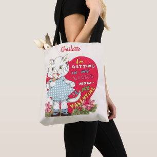 Vintage Retro Valentine's Day Cat Eating Ice Cream Tote Bag
