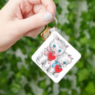 Vintage Retro Valentine's Day Cats, Cute Kitten Key Ring