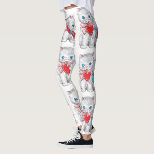 Vintage Retro Valentine's Day Cats, Cute Kitten Leggings