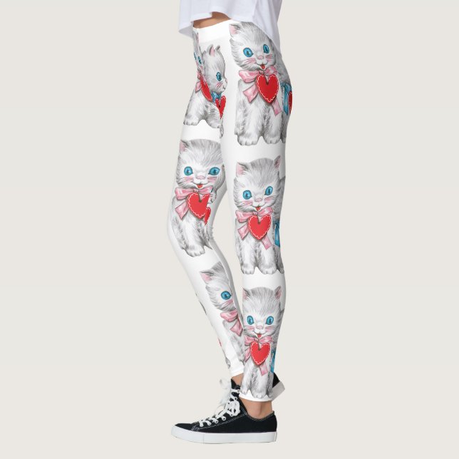 Vintage Retro Valentine's Day Cats, Cute Kitten Leggings (Left)