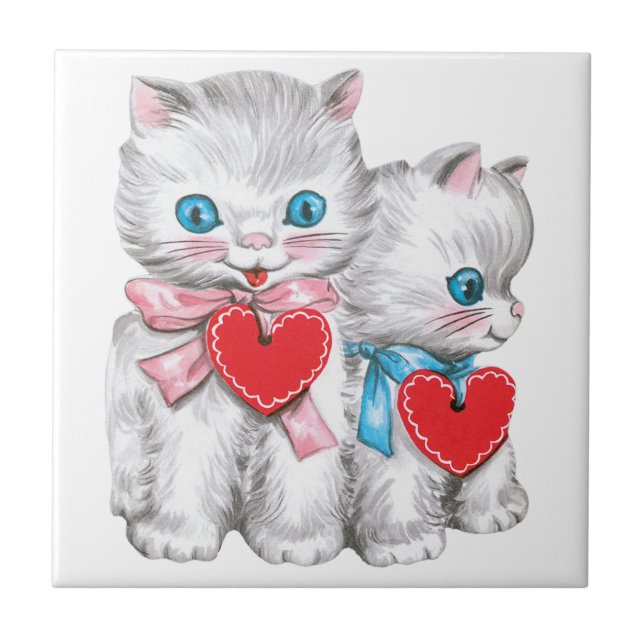 Vintage Retro Valentine's Day Cats, Cute Kitten Tile (Front)