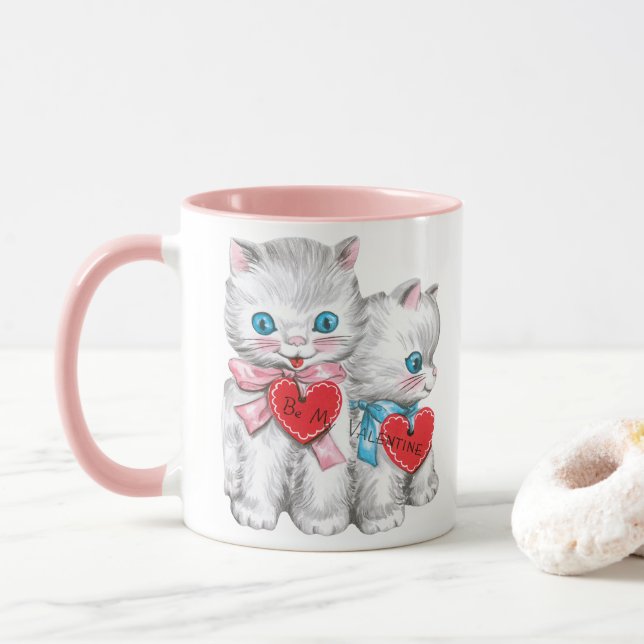 Vintage Retro Valentine's Day Cats, Fluffy Kittens Mug (With Donut)