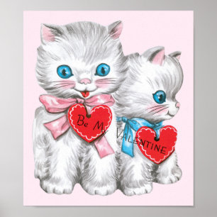 Vintage Retro Valentine's Day Cats, Fluffy Kittens Poster