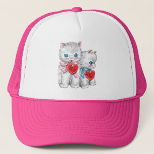 Vintage Retro Valentine's Day Cats, Fluffy Kittens Trucker Hat