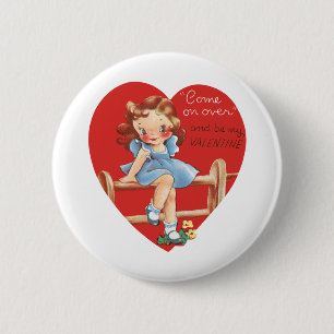 Vintage Retro Valentine's Day, Girl on a Fence 6 Cm Round Badge