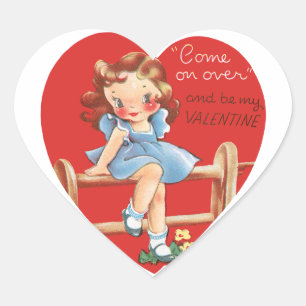 Vintage Retro Valentine's Day, Girl on a Fence Heart Sticker
