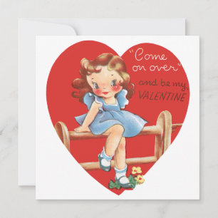 Vintage Retro Valentine's Day, Girl on a Fence Holiday Card