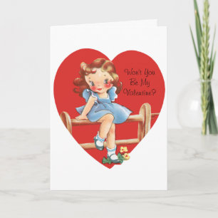 Vintage Retro Valentine's Day, Girl on a Fence Holiday Card