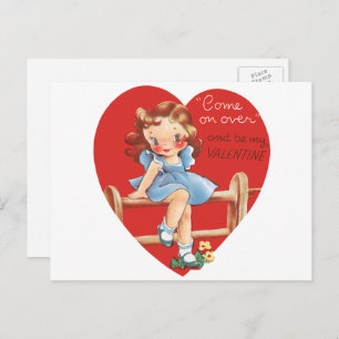 Vintage Retro Valentine's Day, Girl on a Fence Holiday Postcard