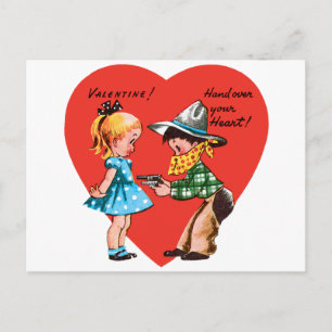 Vintage Retro Valentine's Day, Girl with Cowboy Holiday Postcard