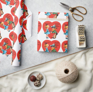 Vintage Retro Valentine's Day, Girl with Cowboy Wrapping Paper