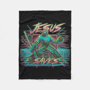 Vintage Retro Vaporwave Jesus Saves Ice Hockey Goa Fleece Blanket