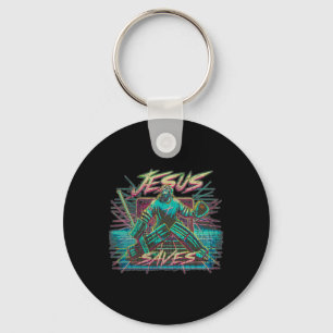 Vintage Retro Vaporwave Jesus Saves Ice Hockey Goa Key Ring