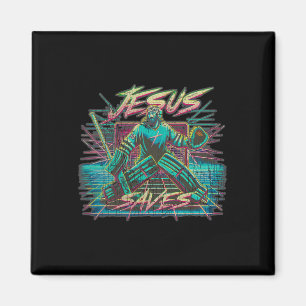 Vintage Retro Vaporwave Jesus Saves Ice Hockey Goa Magnet