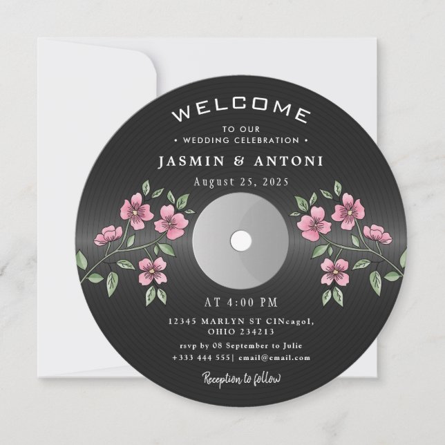 Vintage Retro Vinyl Record QR Wedding Invitation (Front)