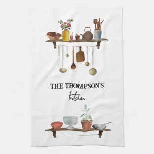 Vintage Retro Watercolor Kitchen Utensils Tea Towel