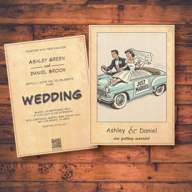 Vintage Retro Whimsical Just Married Comic Wedding Invitation (Creator Uploaded)