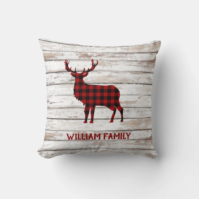 Vintage retro white wood tartan Christmas deer Cushion (Front)