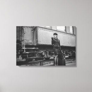 Vintage retro woman at train station canvas print