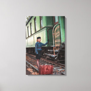 Vintage retro woman at train station canvas print