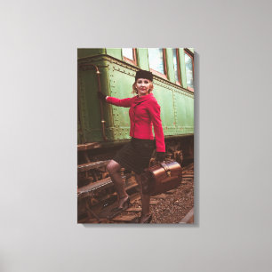 Vintage retro woman at train station canvas print